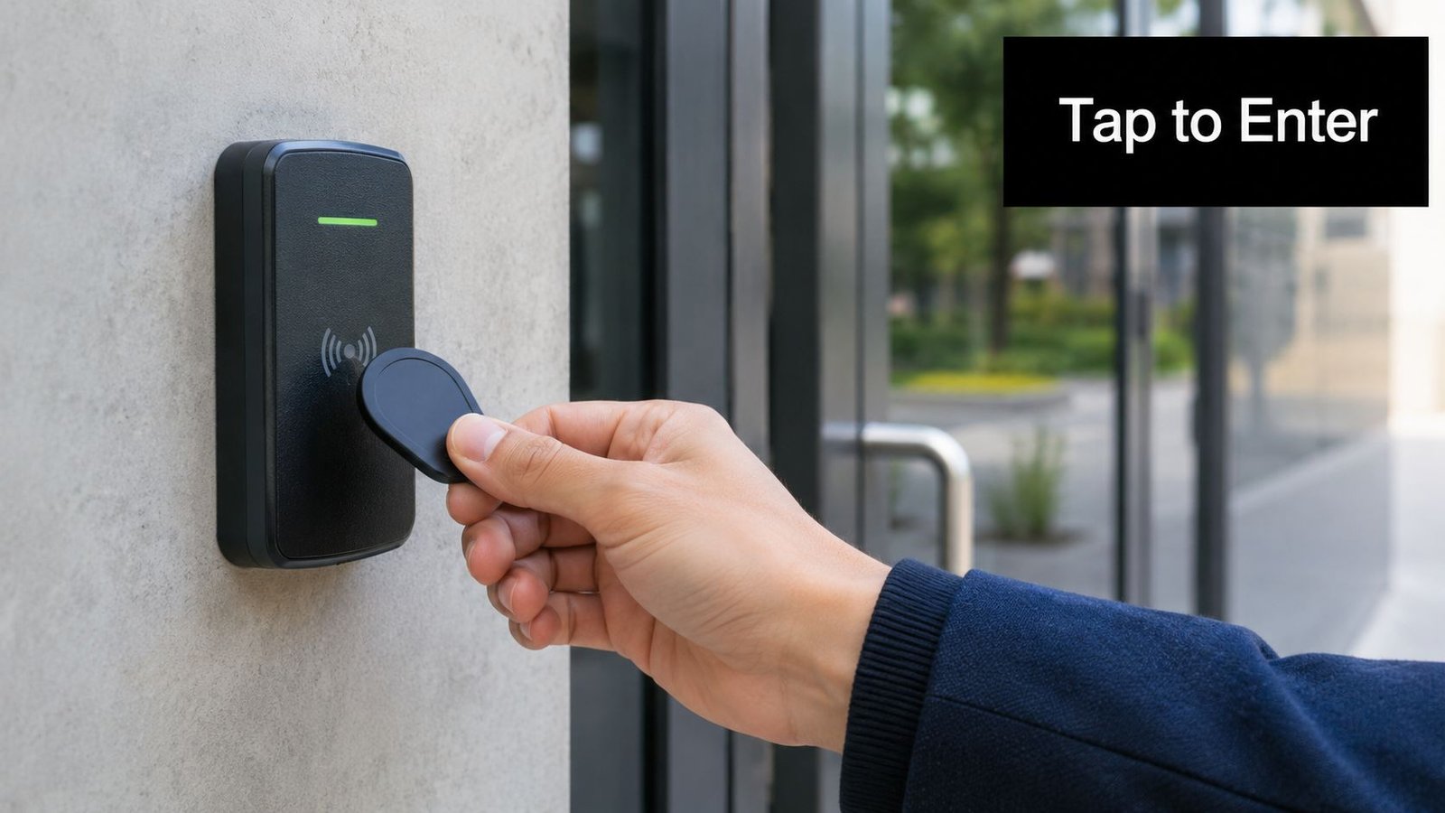 A person uses a key fob to unlock an access control card reader on an office door.