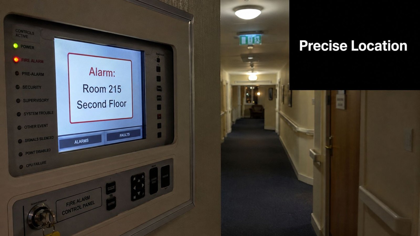 A close-up of an addressable fire alarm control panel displaying an active fire alarm in room 215.