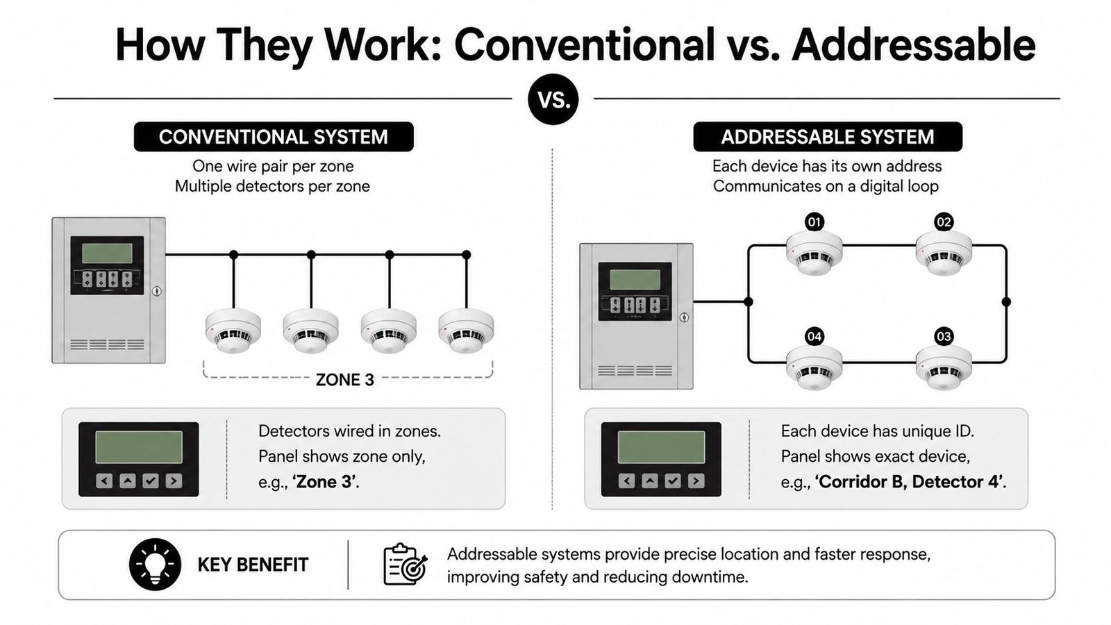 A comparative infographic showing the differences between conventional and addressable fire alarm systems for building safety.