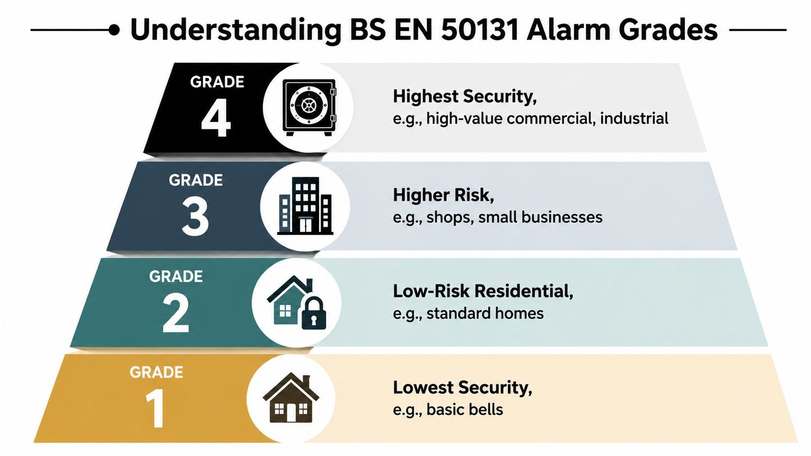 A pyramid chart illustrating the four BS EN 50131 alarm system security grades and their typical applications.