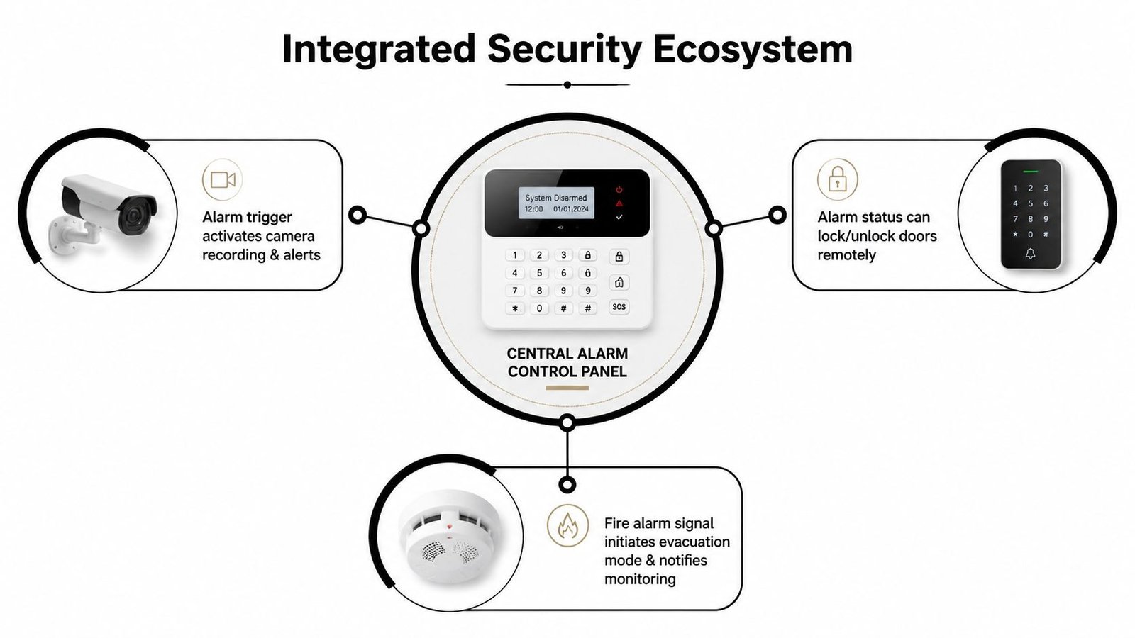 A diagram illustrating an integrated security ecosystem featuring a central control panel connected to camera, lock, and smoke detector.