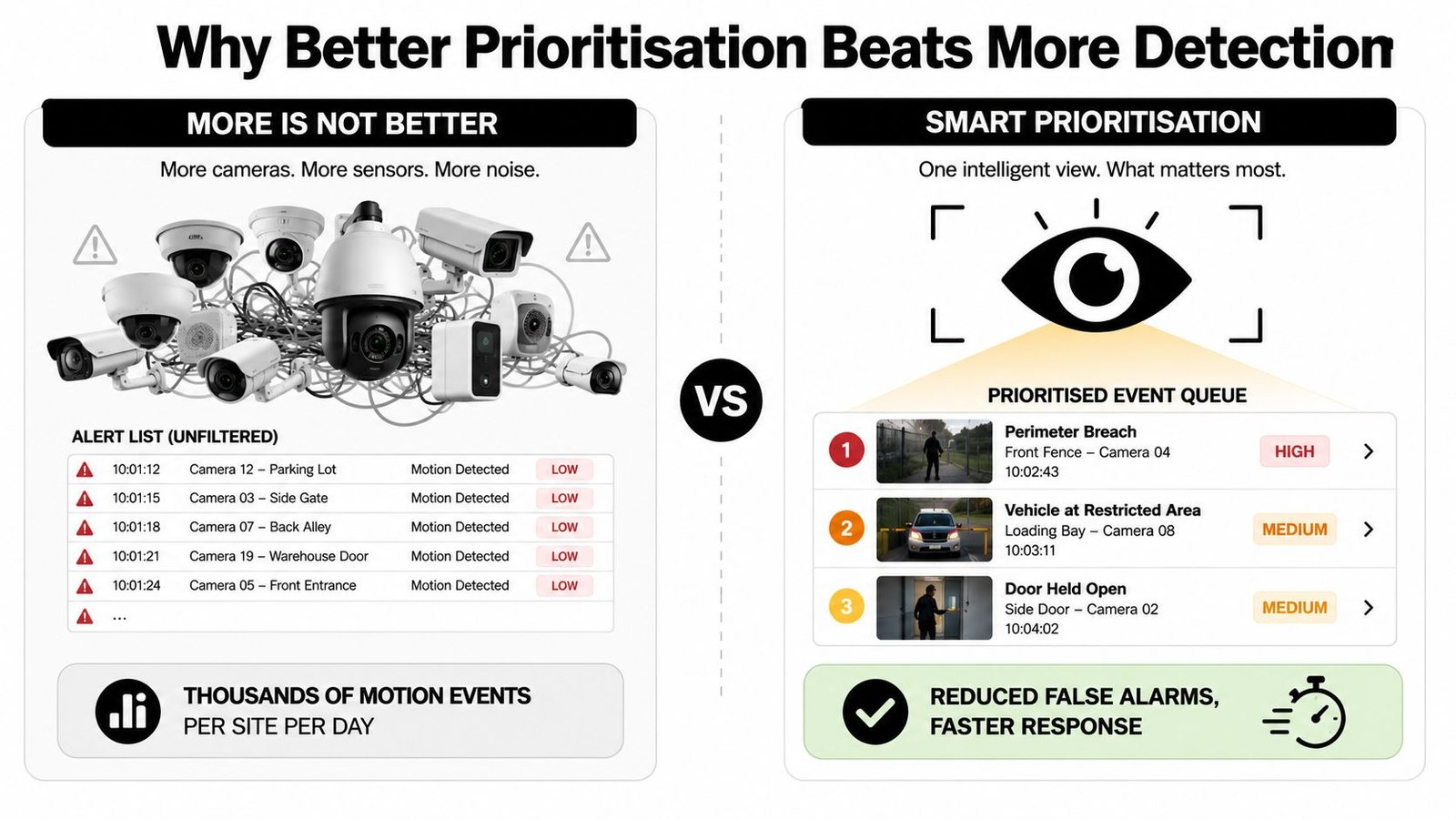 A comparison infographic showing how smart prioritization of surveillance alerts is more effective than unfiltered mass detection.