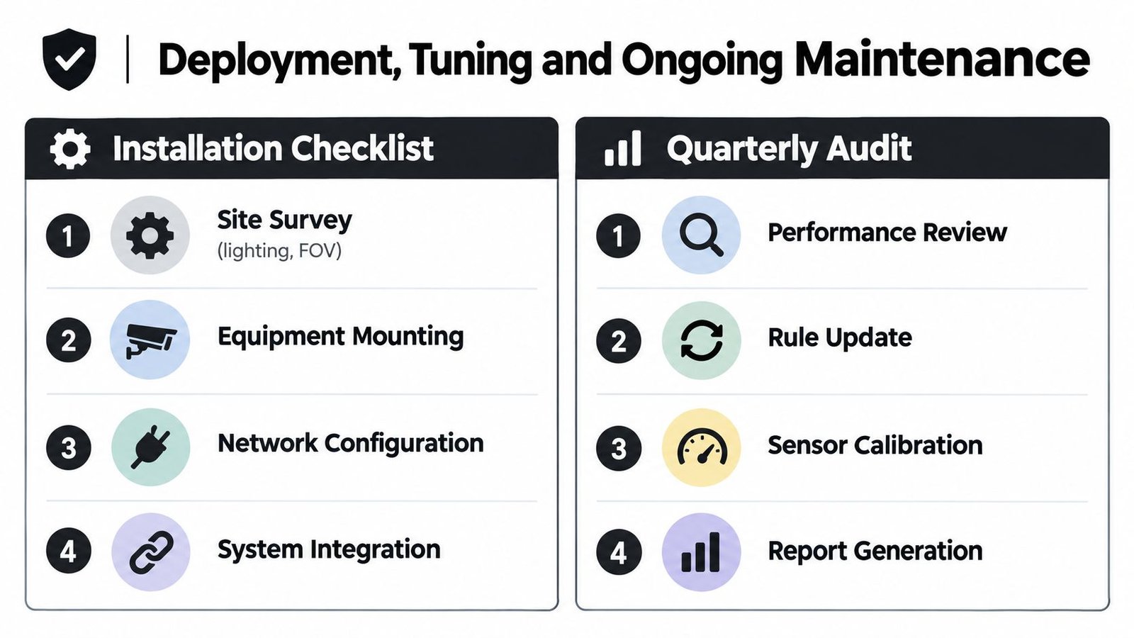 A diagram outlining the installation checklist and quarterly audit steps for security system deployment and maintenance.