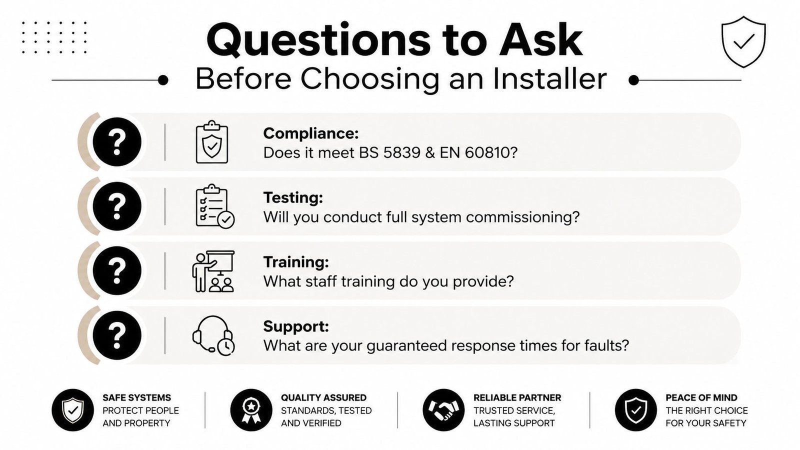 An infographic titled Questions to Ask Before Choosing an Installer highlighting compliance, testing, training, and support.
