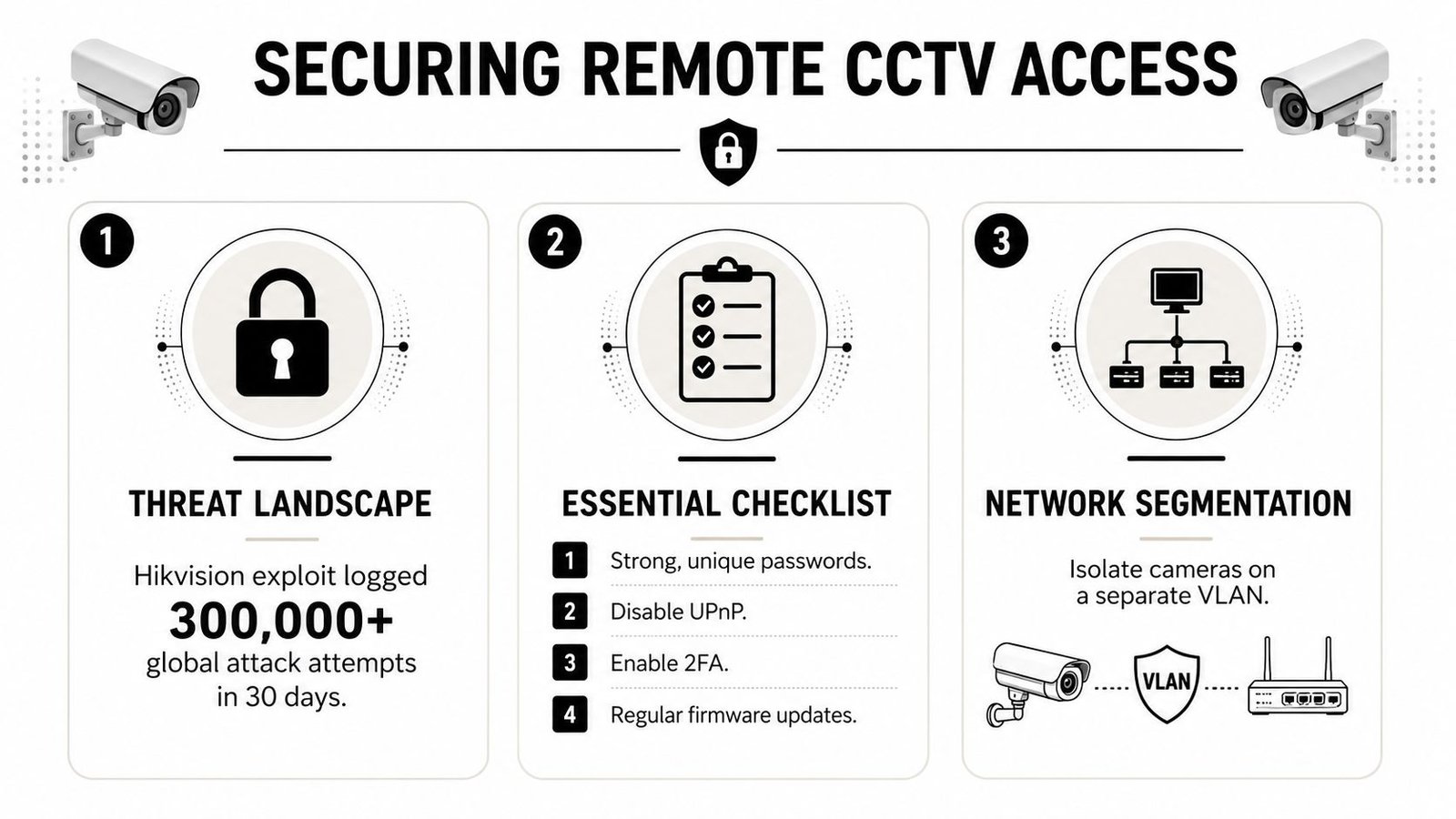 An infographic titled Securing Remote CCTV Access illustrating security measures for protecting networked video surveillance systems.