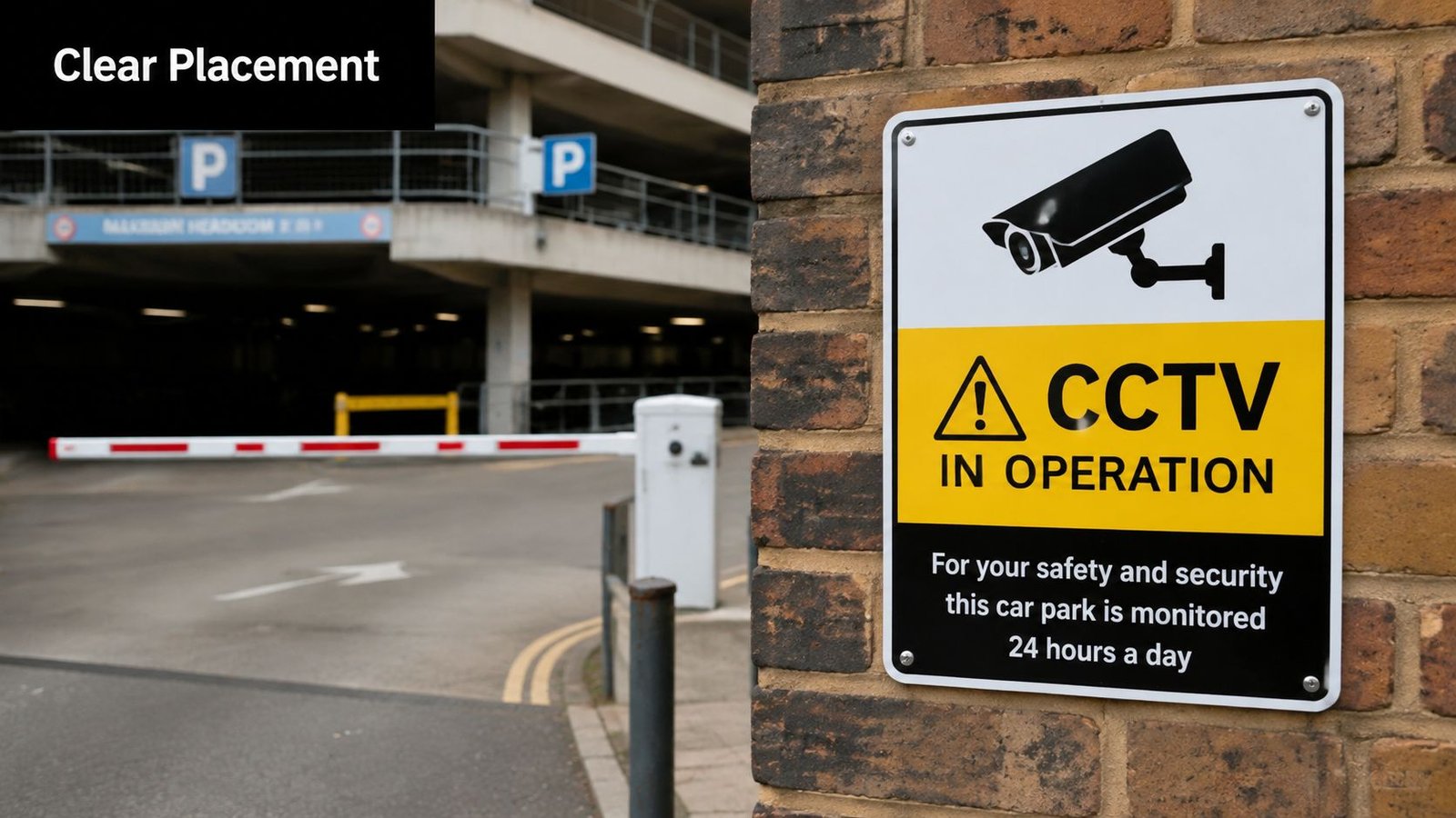 A CCTV in operation sign attached to a brick wall at the entrance of a parking garage.