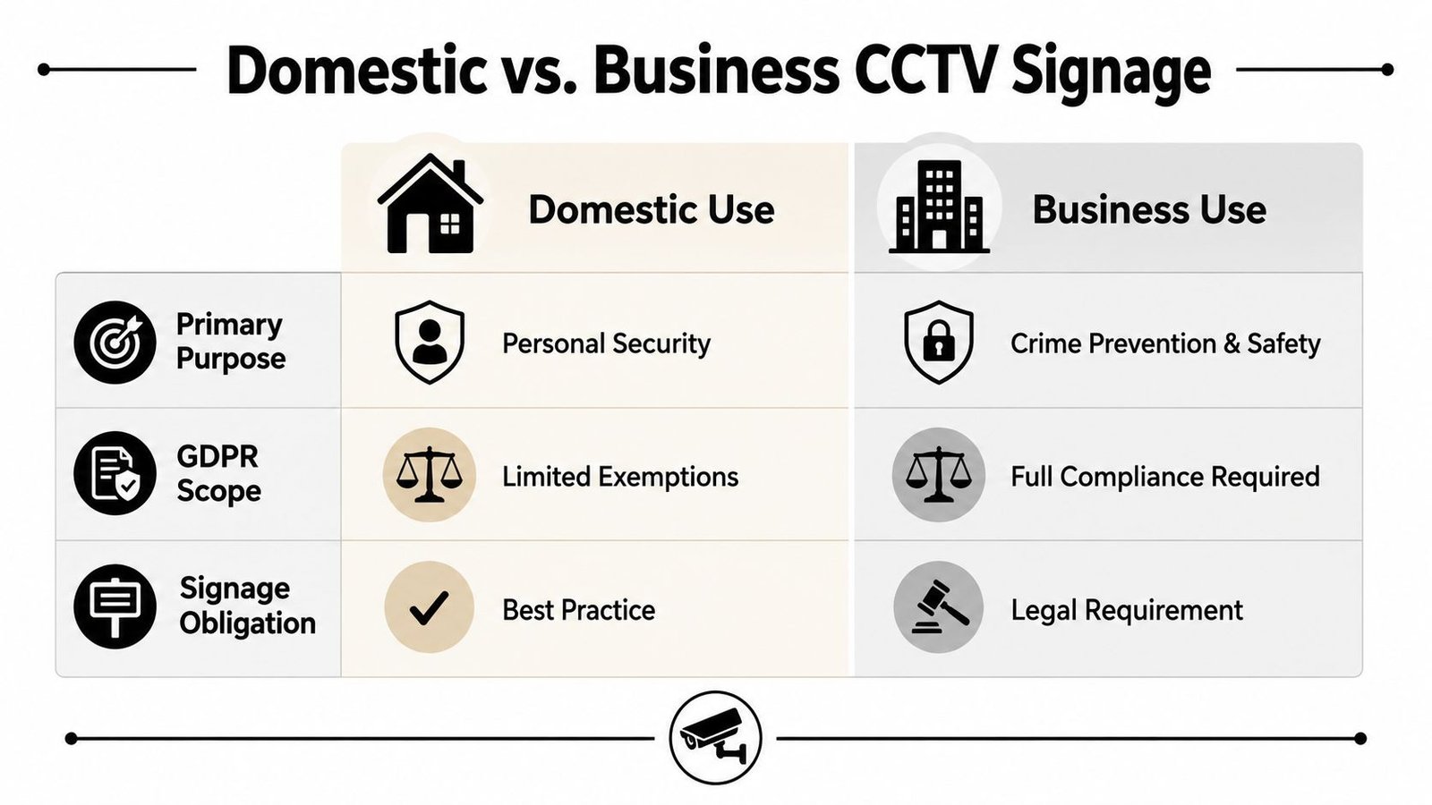 A comparison chart outlining the differences between domestic and business CCTV signage obligations and GDPR regulations.