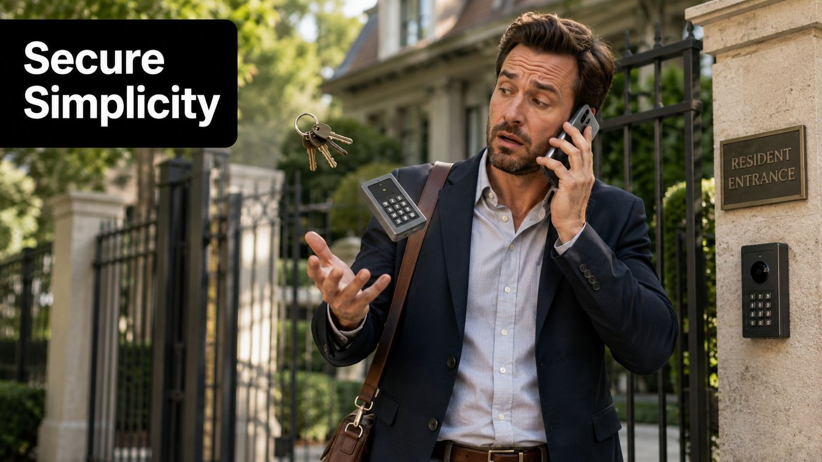 A professional man juggling keys and an access control panel while talking on his mobile phone.