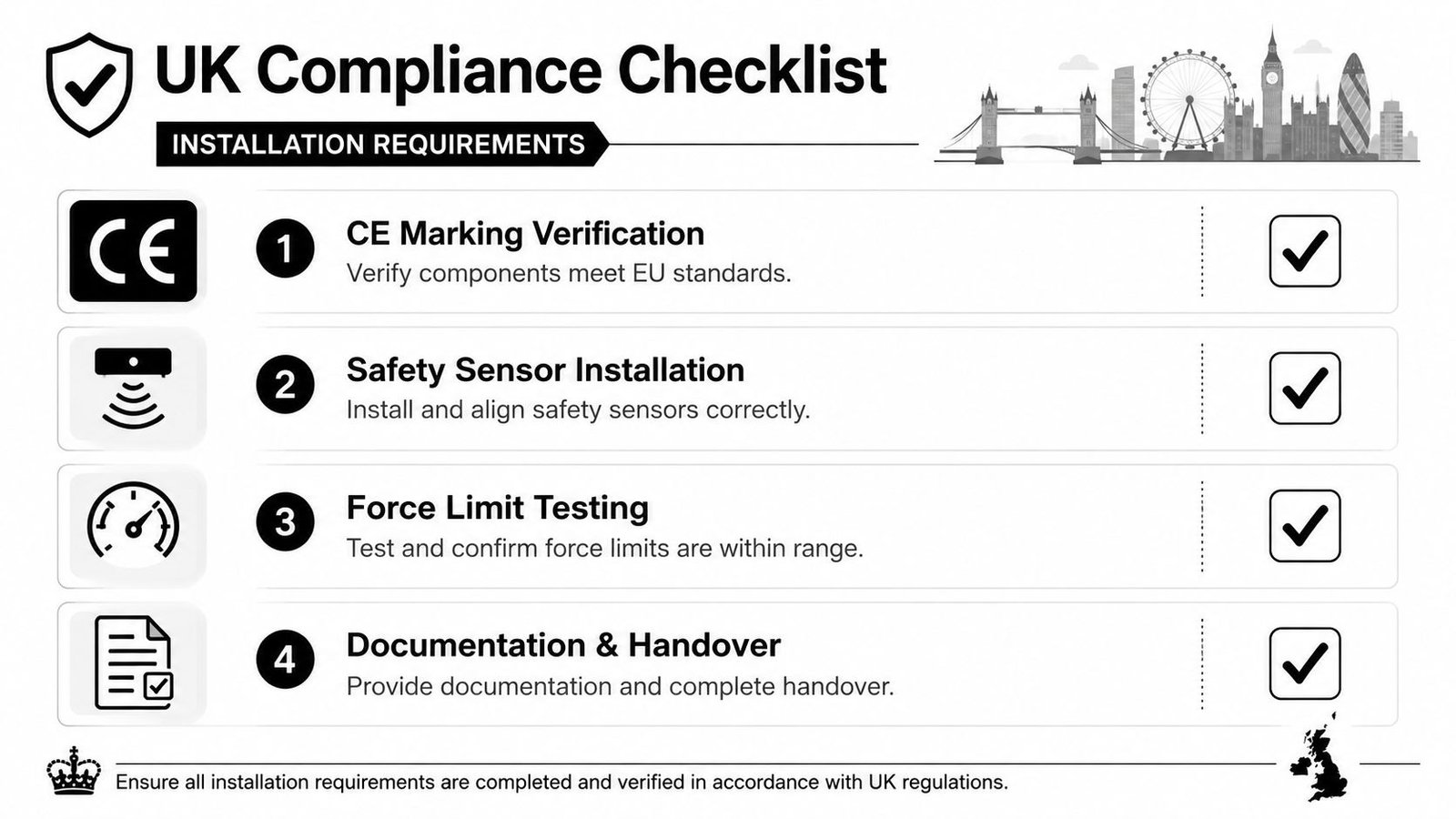 A UK compliance checklist for gate automation installations outlining four critical safety and verification steps.