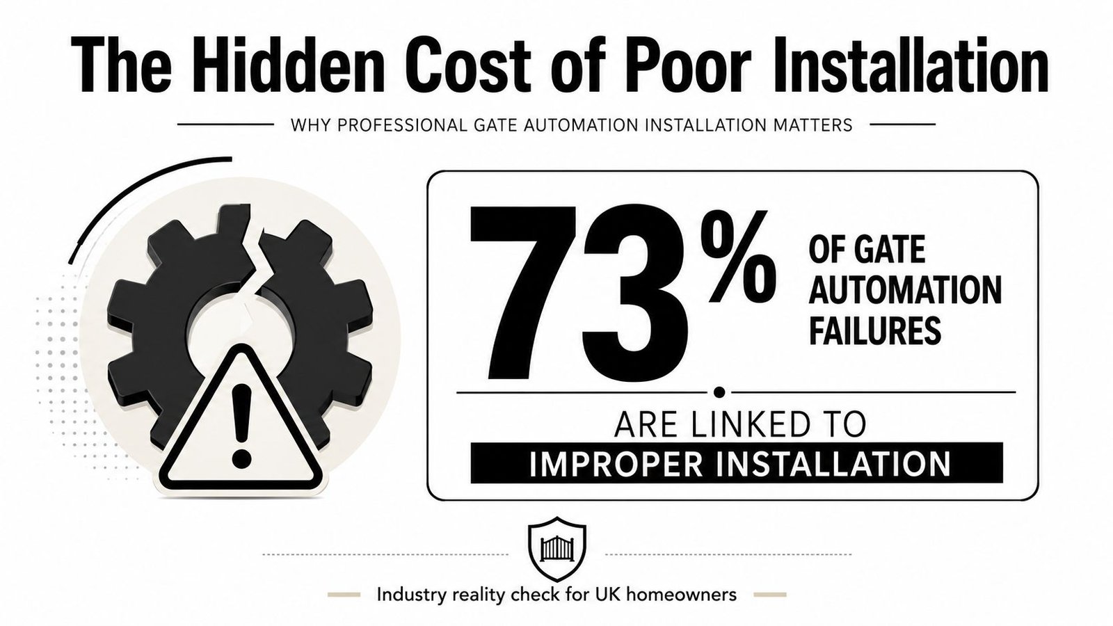 An infographic showing that 73 percent of gate automation failures are caused by improper installation by installers.