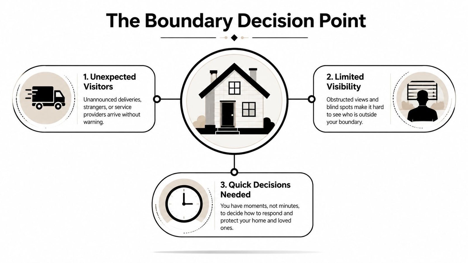 An infographic titled The Boundary Decision Point showing risks like unexpected visitors, limited visibility, and time pressure.