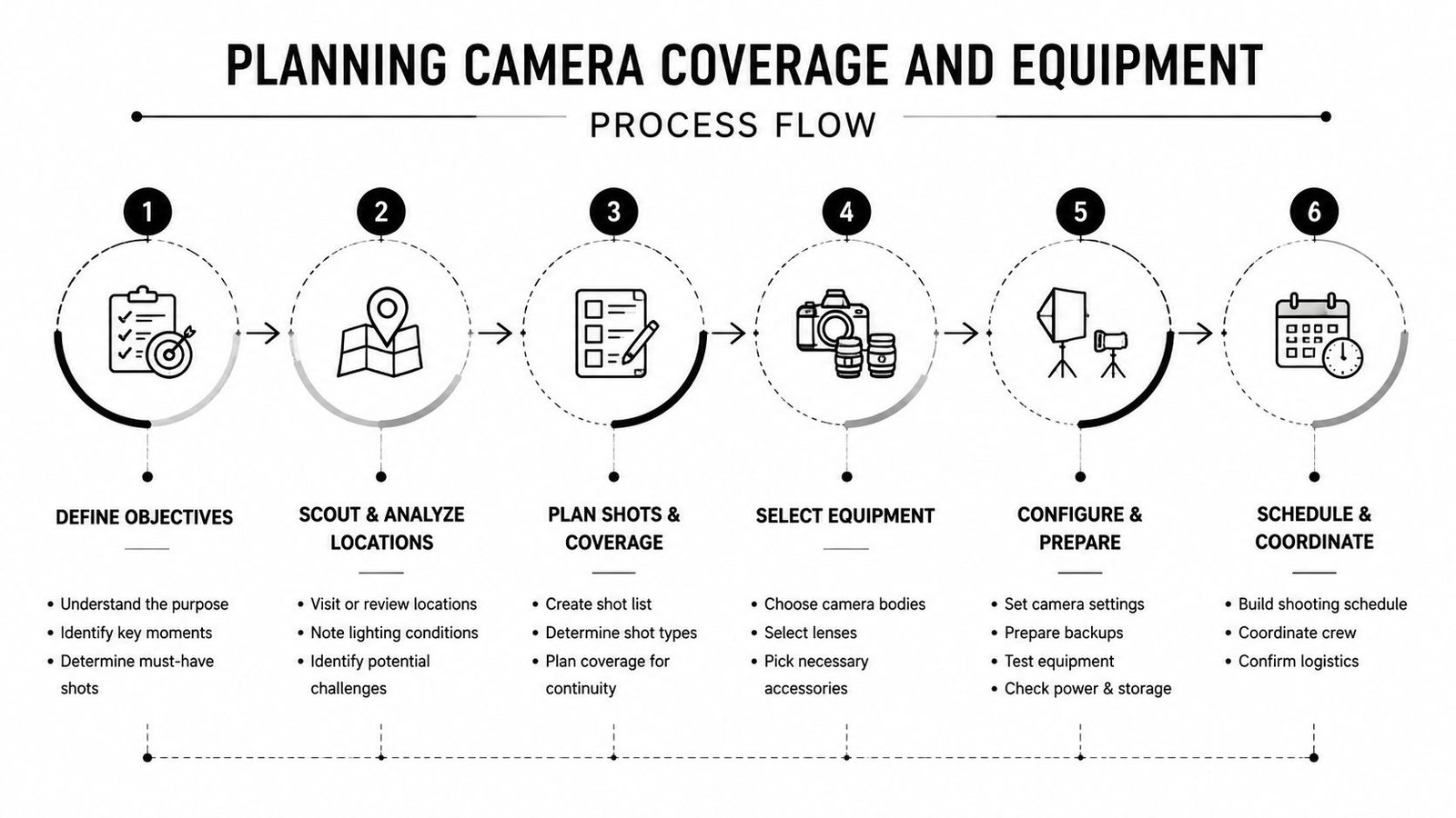 A six-step process flow chart illustrating the planning phases for camera coverage and video equipment requirements.