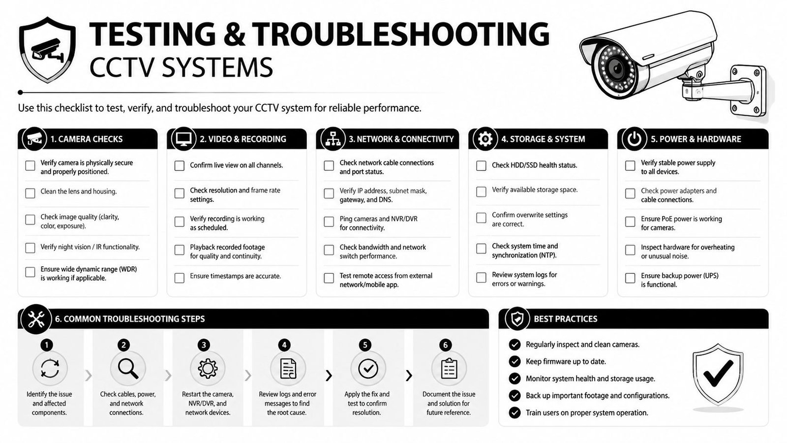 A comprehensive checklist for testing and troubleshooting CCTV security systems, covering hardware, network, and recording functionality.