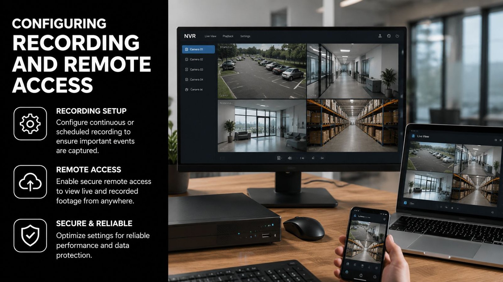 A professional setup for configuring an NVR security system with remote access and recording settings displayed.