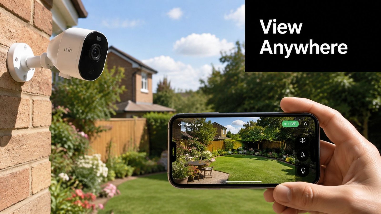 A hand holding a smartphone displaying a live feed from an Arlo security camera in a backyard.
