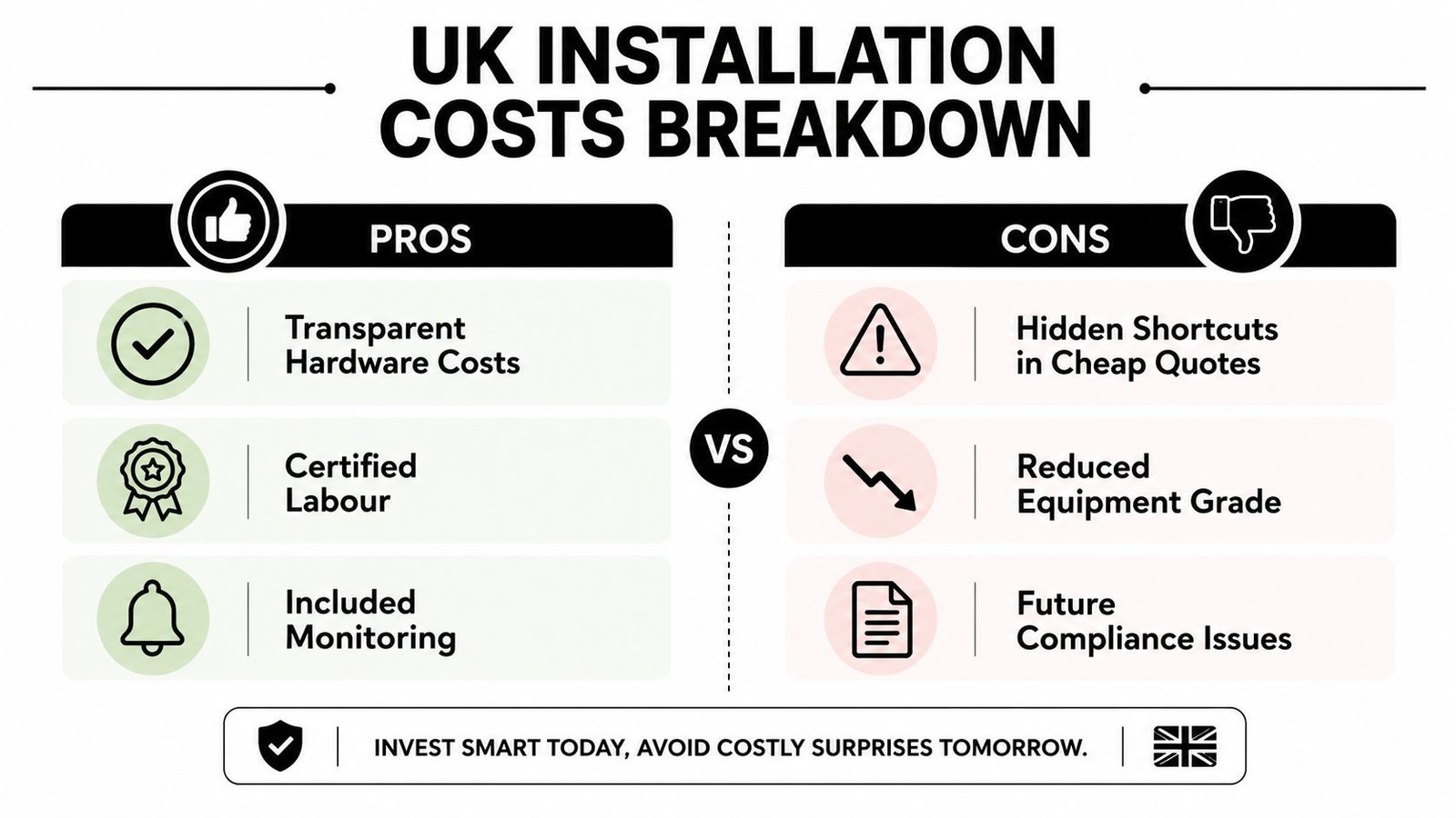 A comparison chart outlining the pros and cons of UK home security system installation costs for consumers.