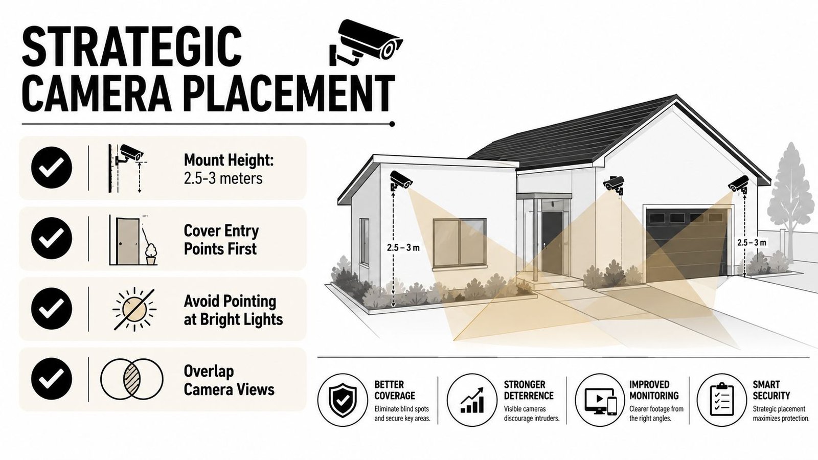 An infographic illustrating tips for the strategic placement of outdoor security cameras around a residential house.