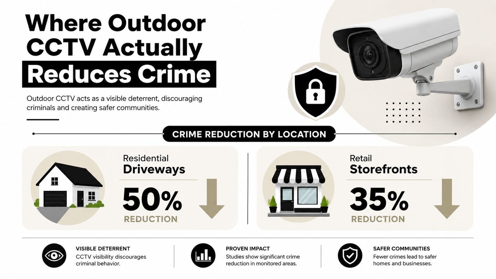 An infographic illustrating crime reduction statistics for outdoor CCTV systems at residential driveways and retail storefronts.