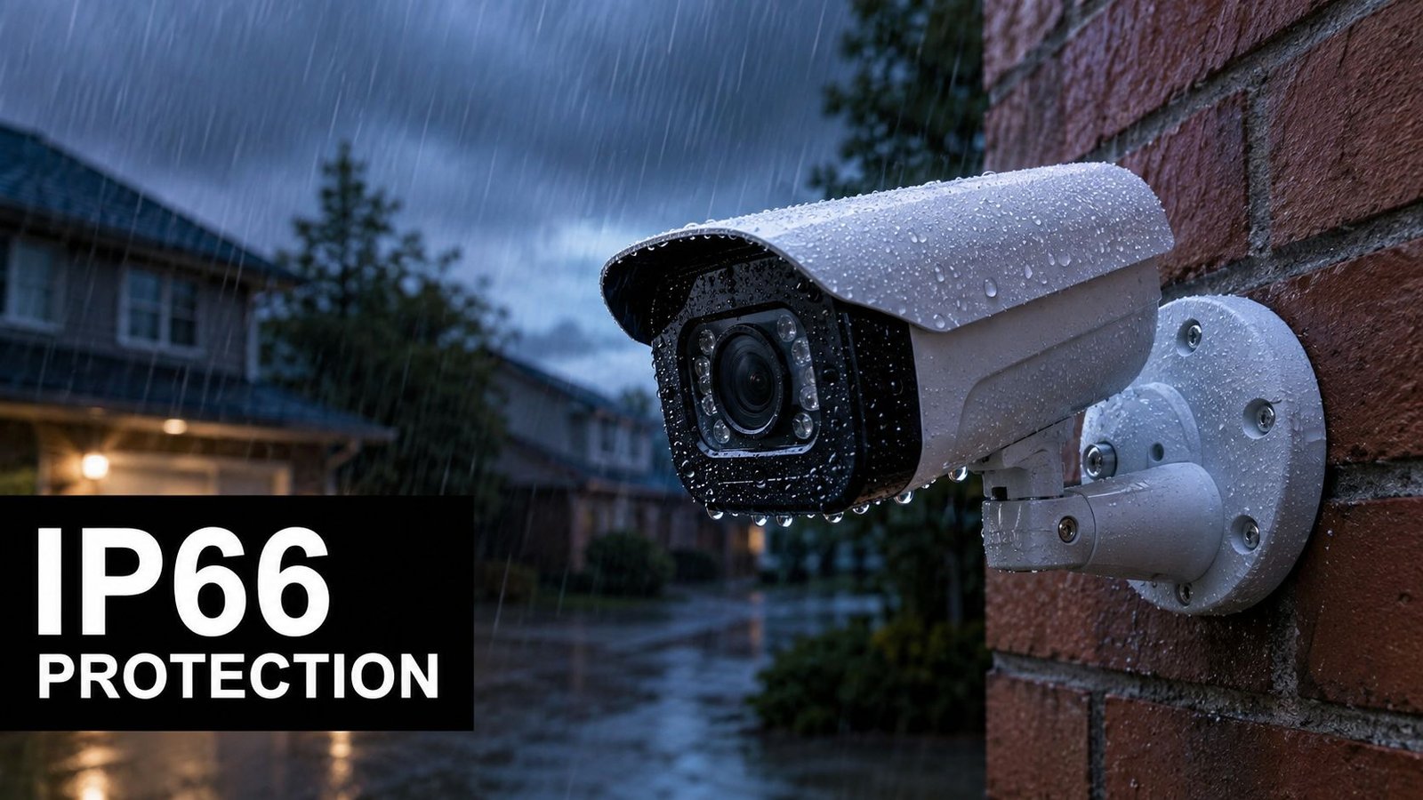 A weather-resistant outdoor CCTV camera mounted on a brick wall during a heavy rainstorm at night.