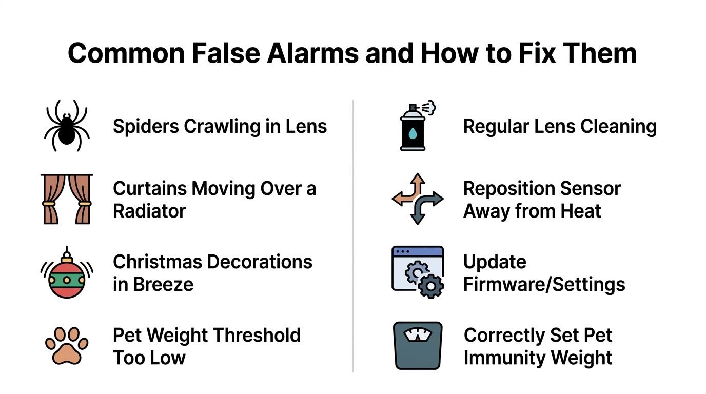 A chart illustrating common causes of false motion sensor alarms and tips on how to fix them.