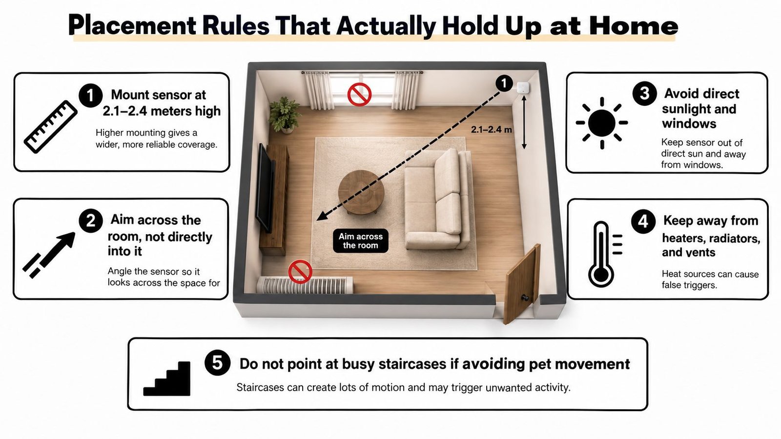An infographic illustrating five best practice placement rules for mounting pet immune motion sensors in a room.