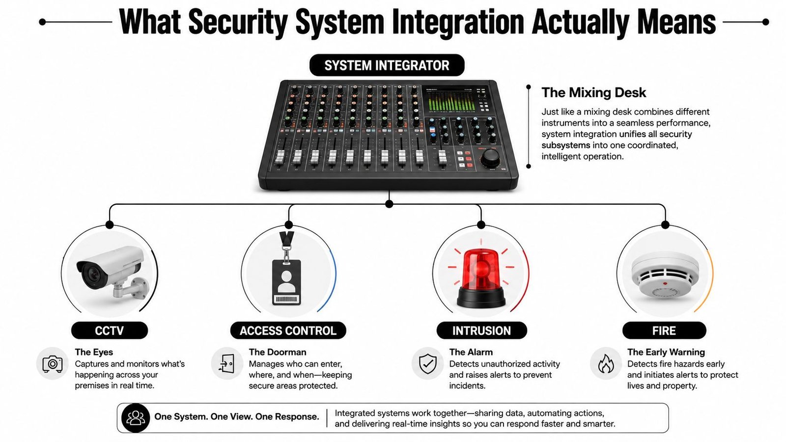 A diagram illustrating security system integration using a mixing desk metaphor to connect CCTV, access control, and alarms.