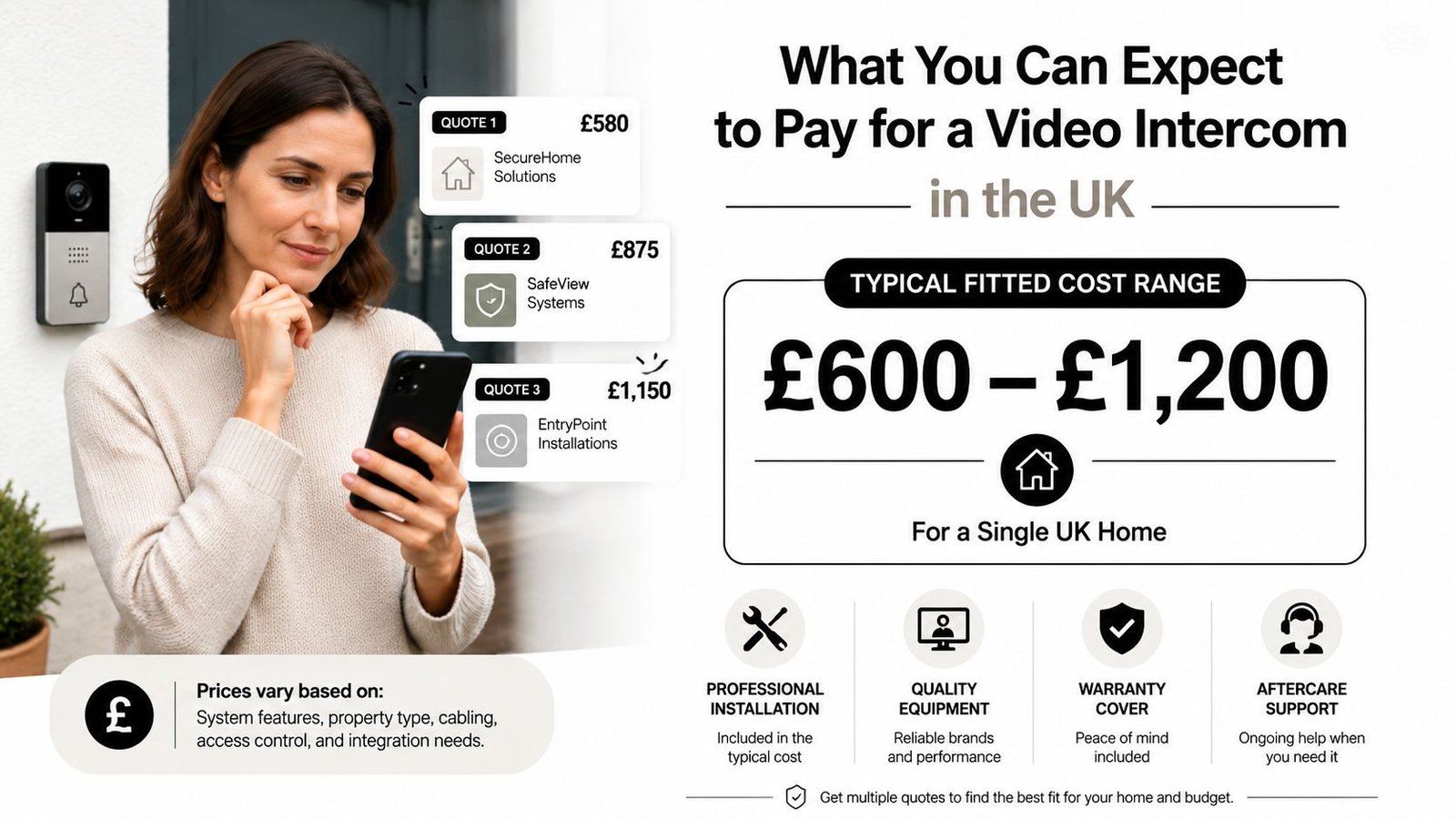A woman using her phone to review video intercom installation cost quotes for her home.