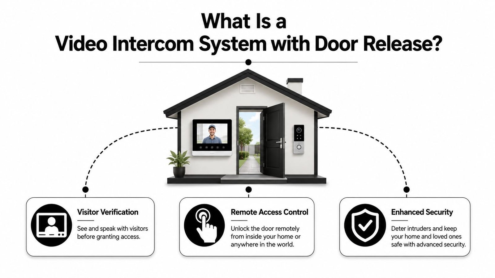 A diagram illustrating the features of a video intercom system with door release for home security.