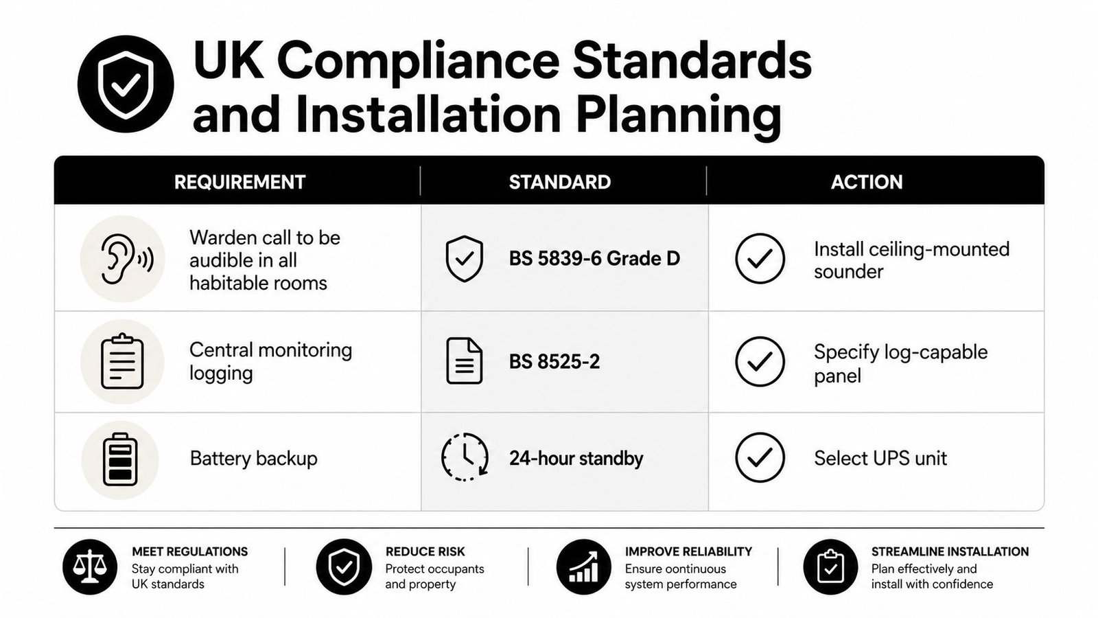 A table outlining UK compliance standards for warden call systems, covering audible requirements, logging, and battery backup.