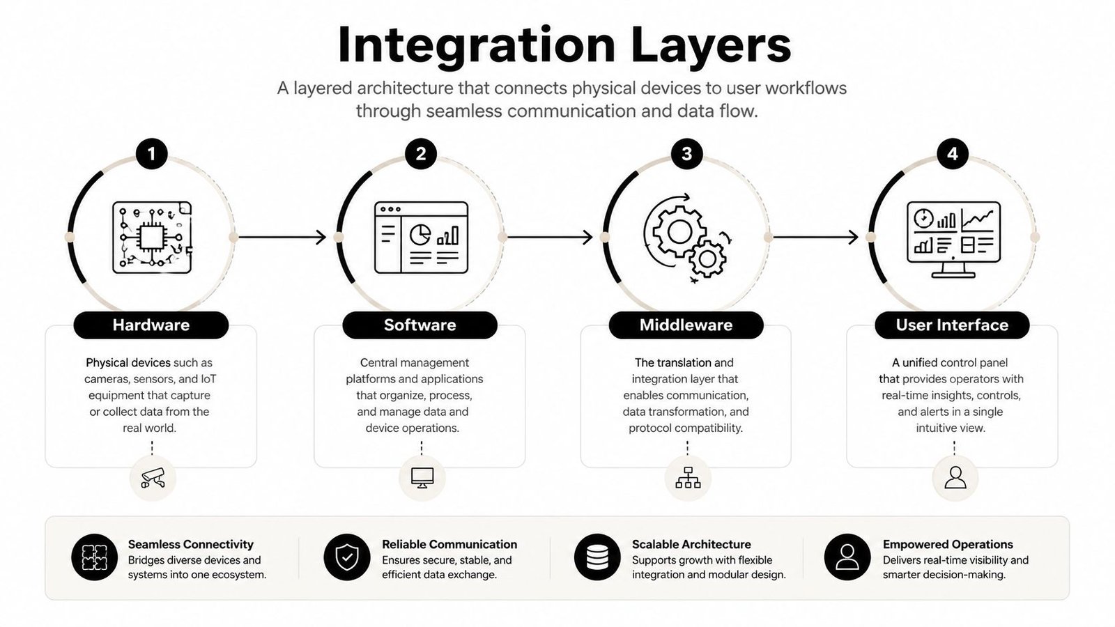 A diagram illustrating the four integration layers of system architecture: hardware, software, middleware, and user interface.