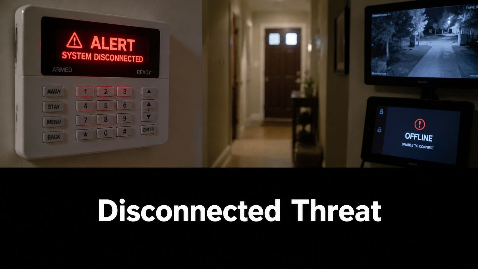 A home security control panel showing a system disconnected alert with a blurry hallway in background.
