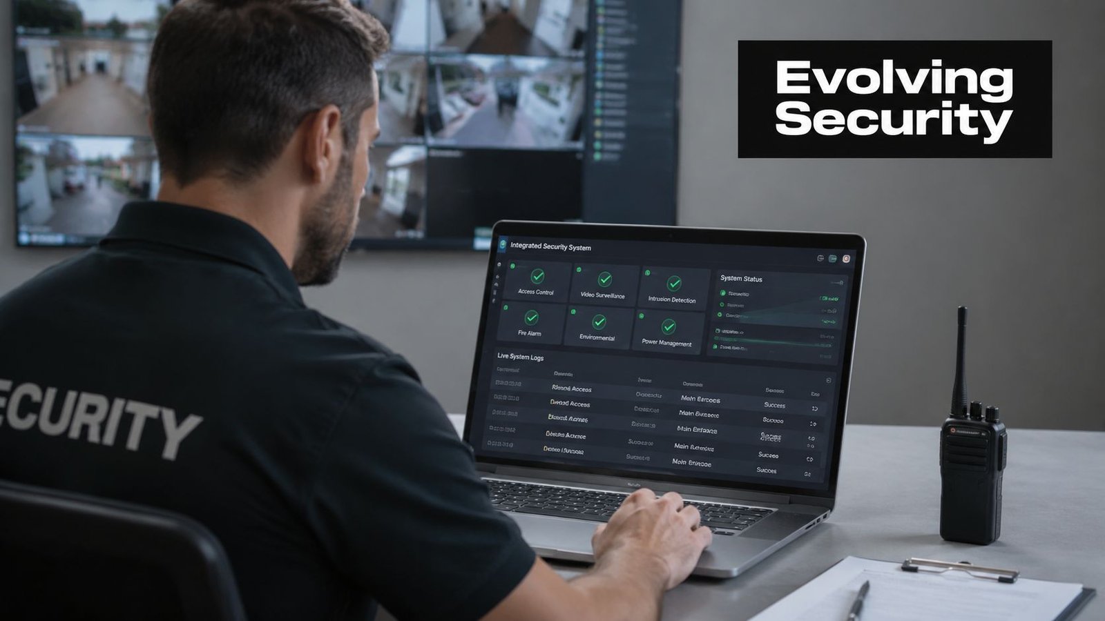 A security professional monitoring an integrated system dashboard on a laptop with surveillance screens in the background.