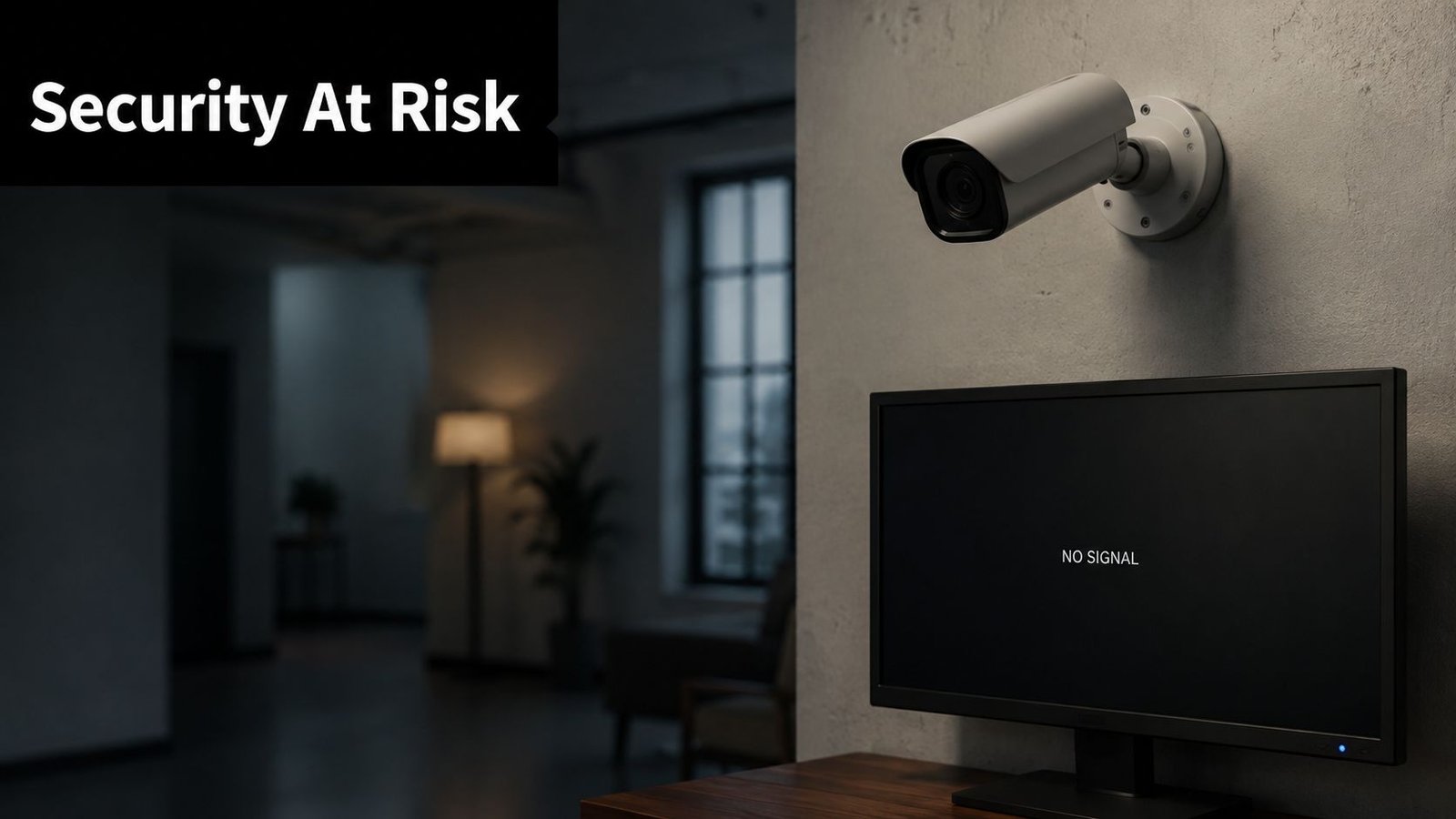 A security camera mounted on a wall above a computer monitor displaying a no signal message.