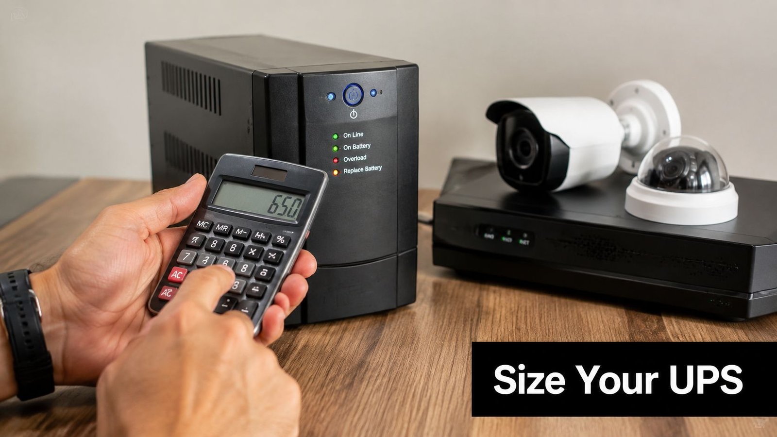A person calculates the power requirements of a backup power supply for home security surveillance equipment.
