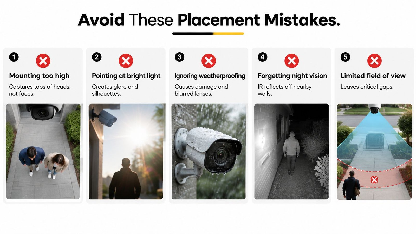 A guide illustrating five common mistakes to avoid when installing home security and CCTV cameras.
