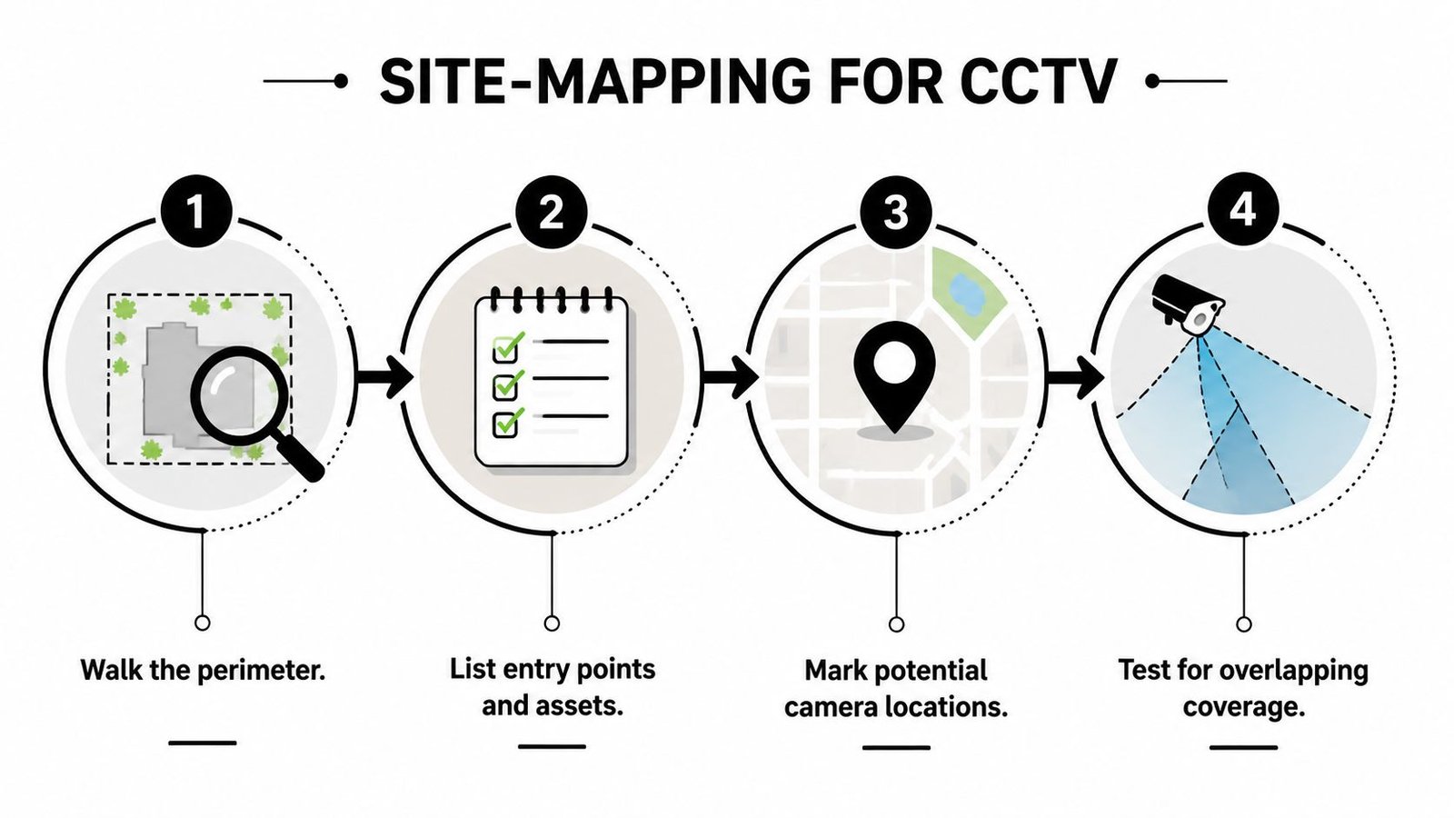 A four-step infographic illustrating the professional process for effective site mapping of CCTV camera installations.