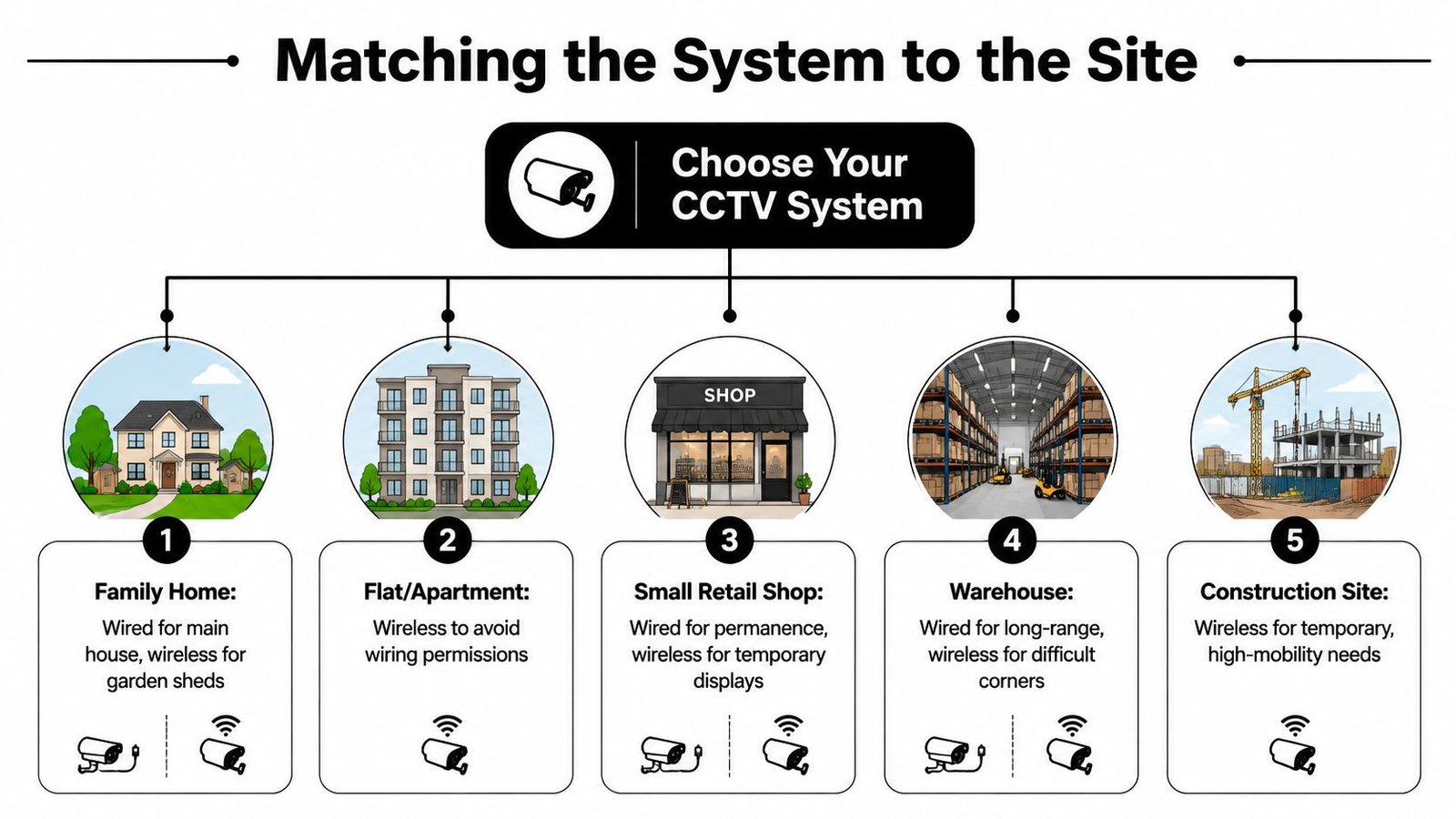 An infographic showing the best CCTV system types for different locations including homes, apartments, shops, warehouses, and construction sites.