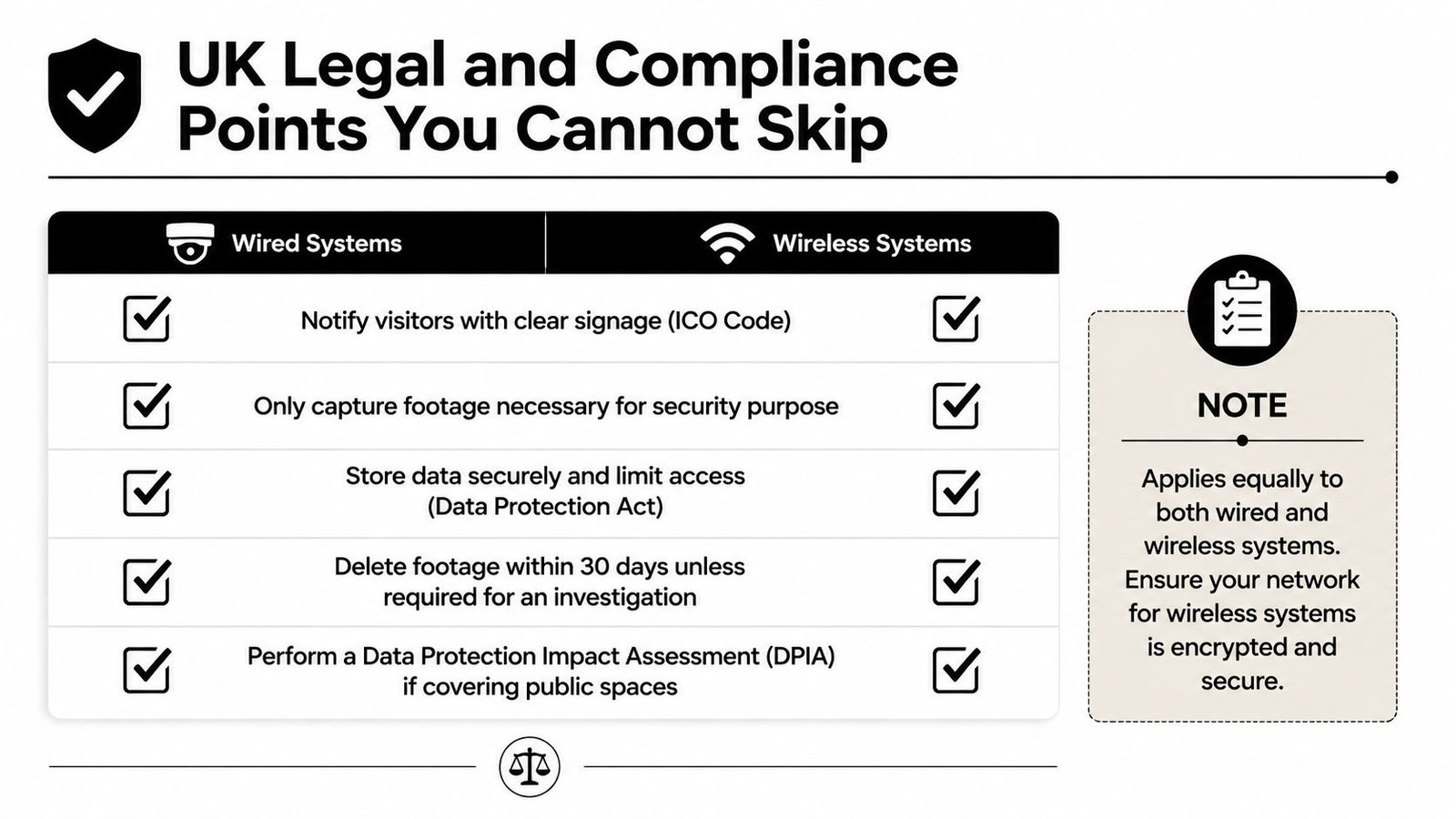 A table outlining UK legal and compliance requirements for both wired and wireless CCTV security systems.