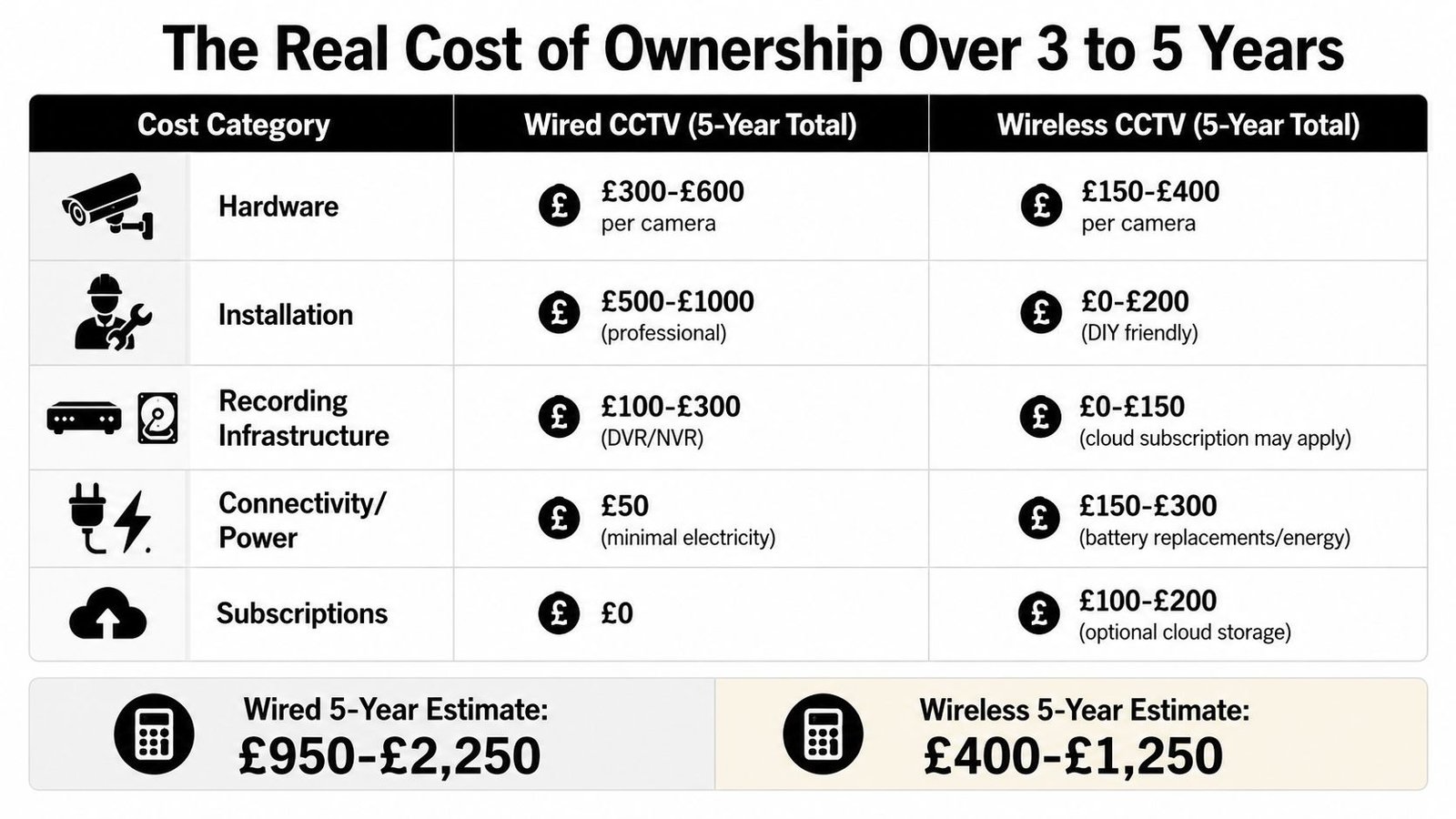 A comparison table outlining the 5-year ownership costs for wired versus wireless CCTV security systems.