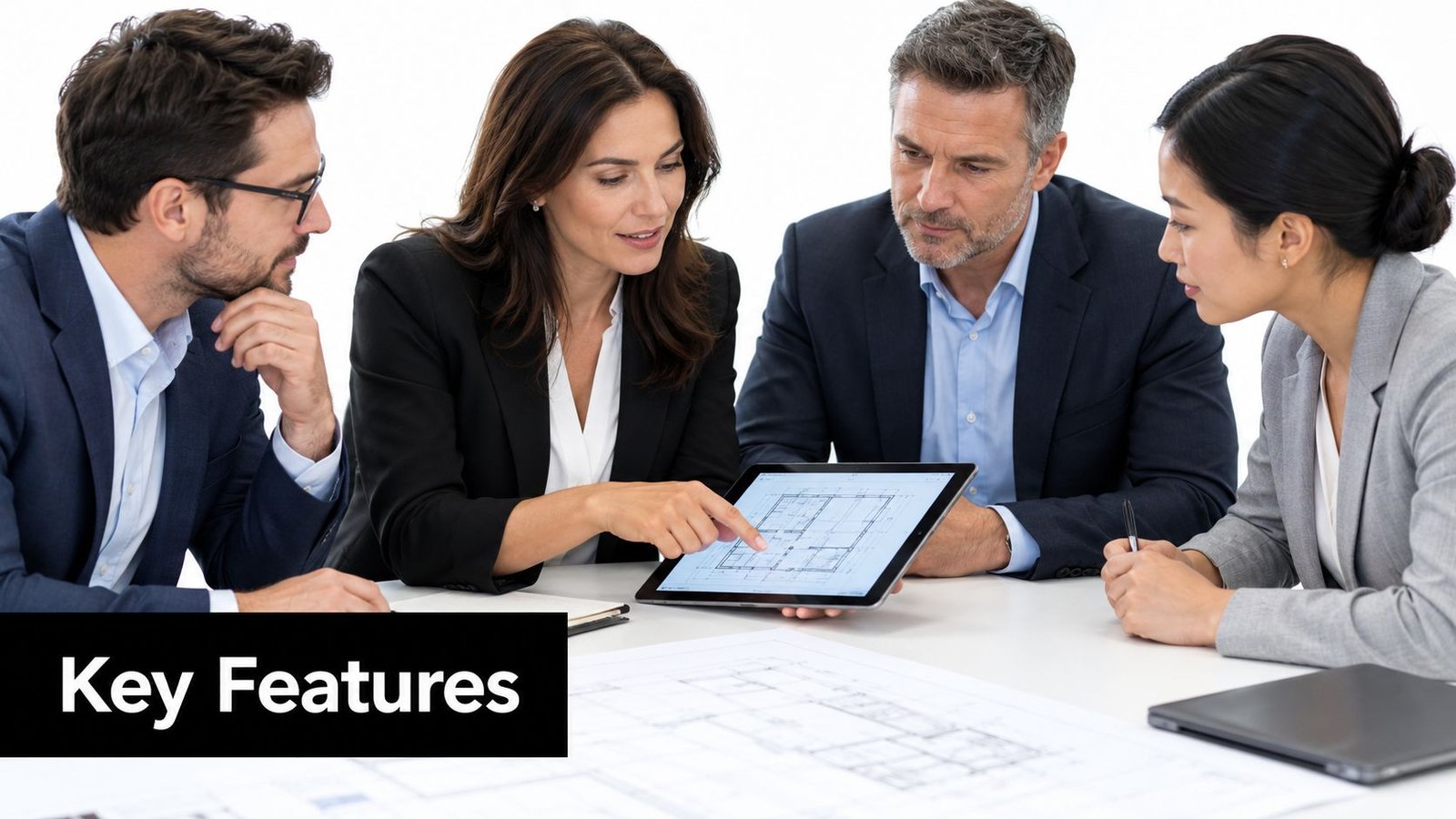 A professional team of business people reviewing blueprints and architectural plans on a tablet in an office.