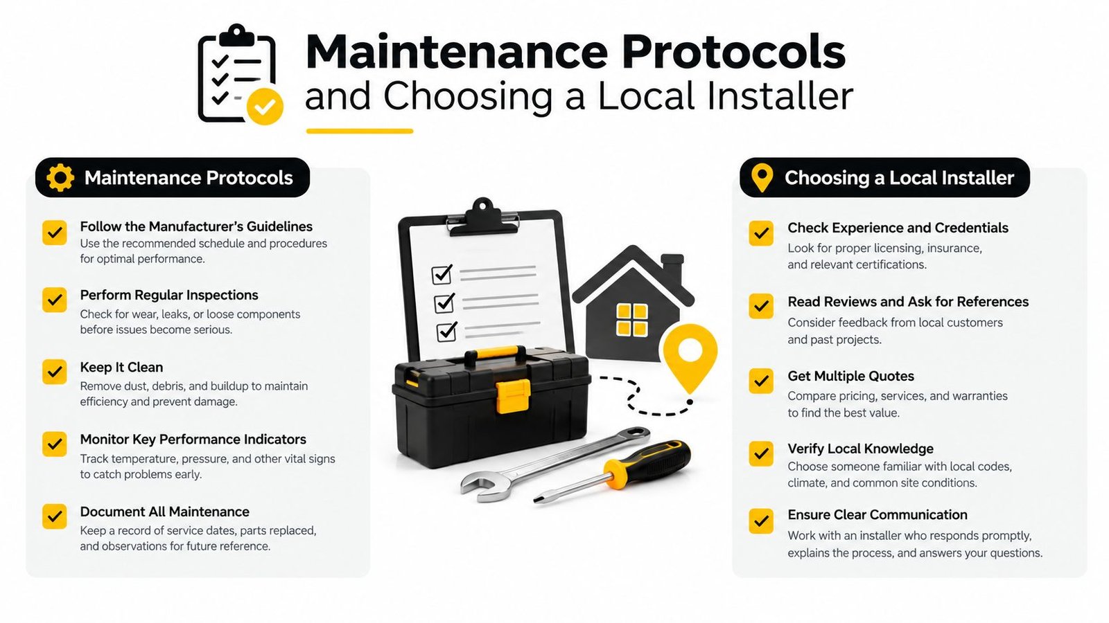 An infographic detailing maintenance protocols and tips for selecting a qualified local installer for home systems.