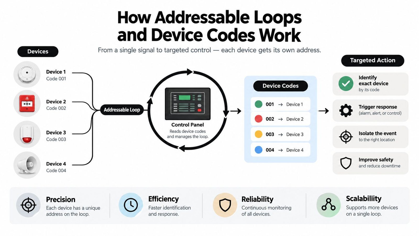 A diagram explaining how addressable fire alarm loops and device codes communicate with a control panel.