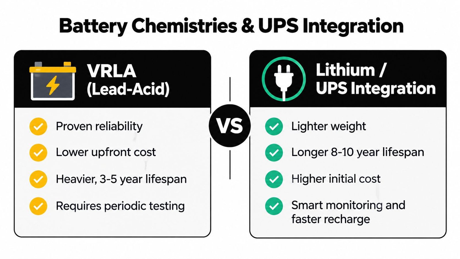 A comparison chart showing the pros and cons of VRLA lead-acid batteries versus lithium batteries for UPS.