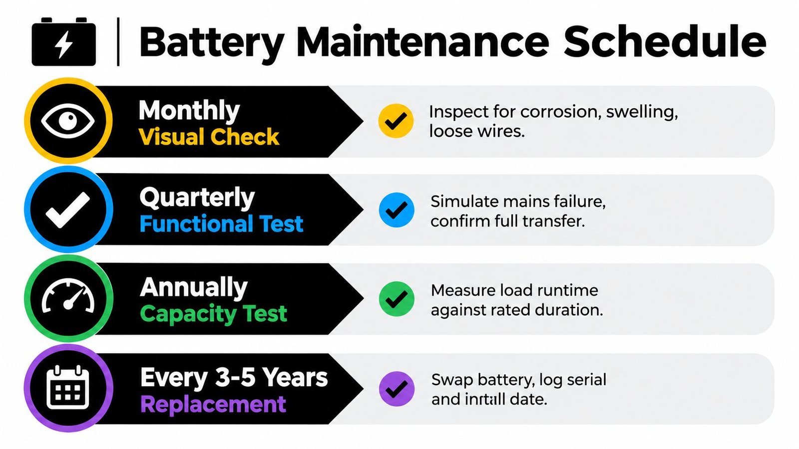 A helpful infographic outlining a battery maintenance schedule with visual, functional, and capacity tests, and replacement instructions.