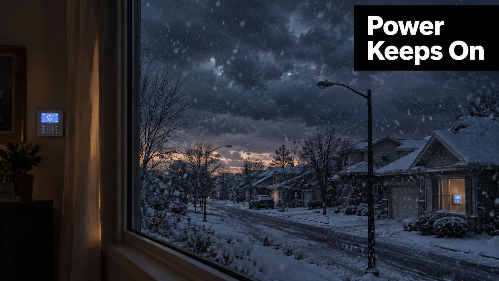 A warm indoor view of a snow-covered street during a power outage at night.