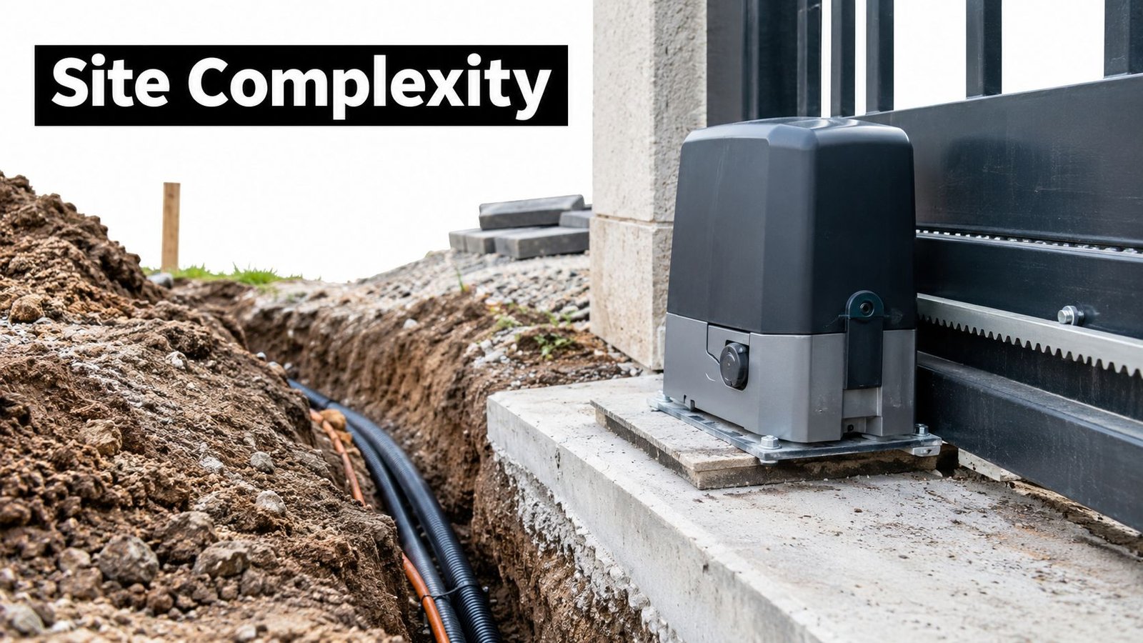 An automatic sliding gate motor installed on a concrete foundation next to an open trench with cables.
