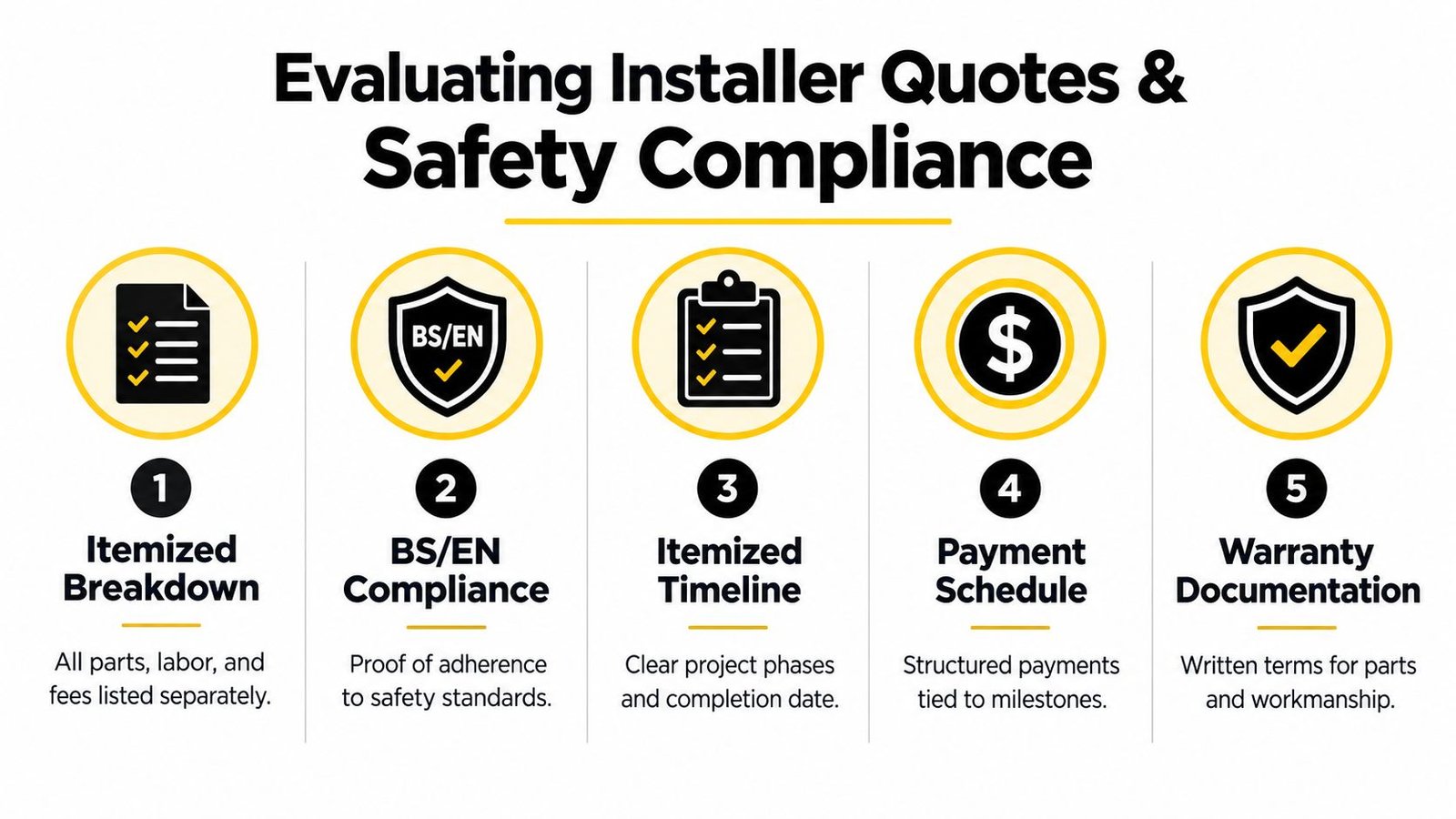 A checklist infographic outlining five essential factors for evaluating professional installer quotes and safety compliance standards.
