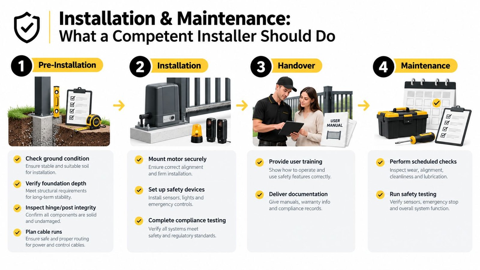 An infographic detailing the four key steps for installing and maintaining automatic gate motor systems professionally.