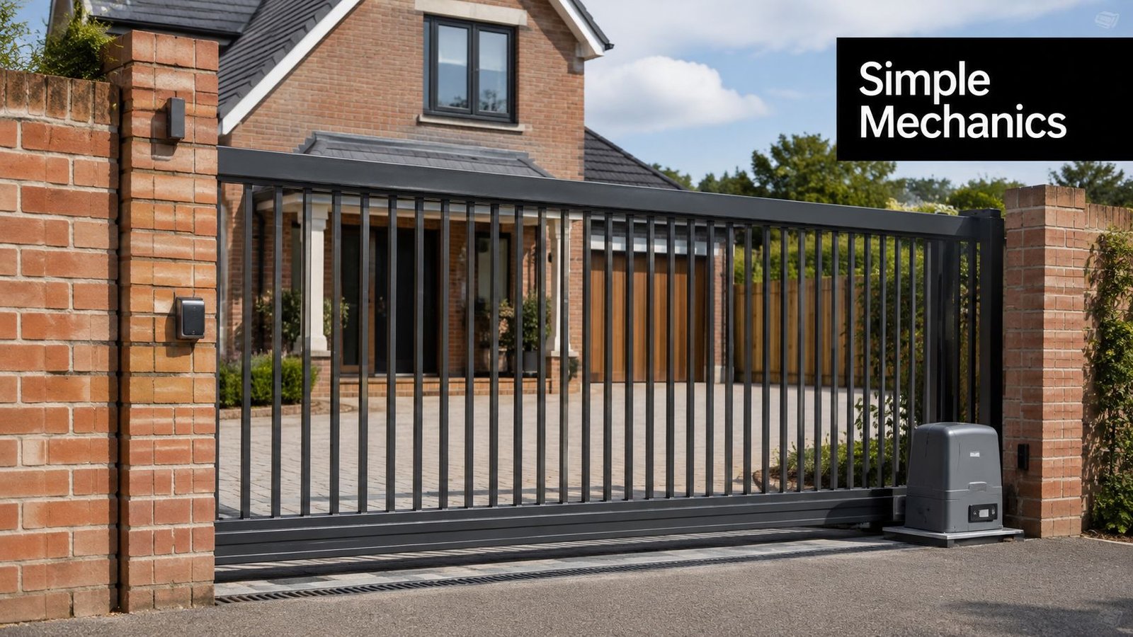 A modern black metal sliding automatic gate installed in front of a residential house driveway.