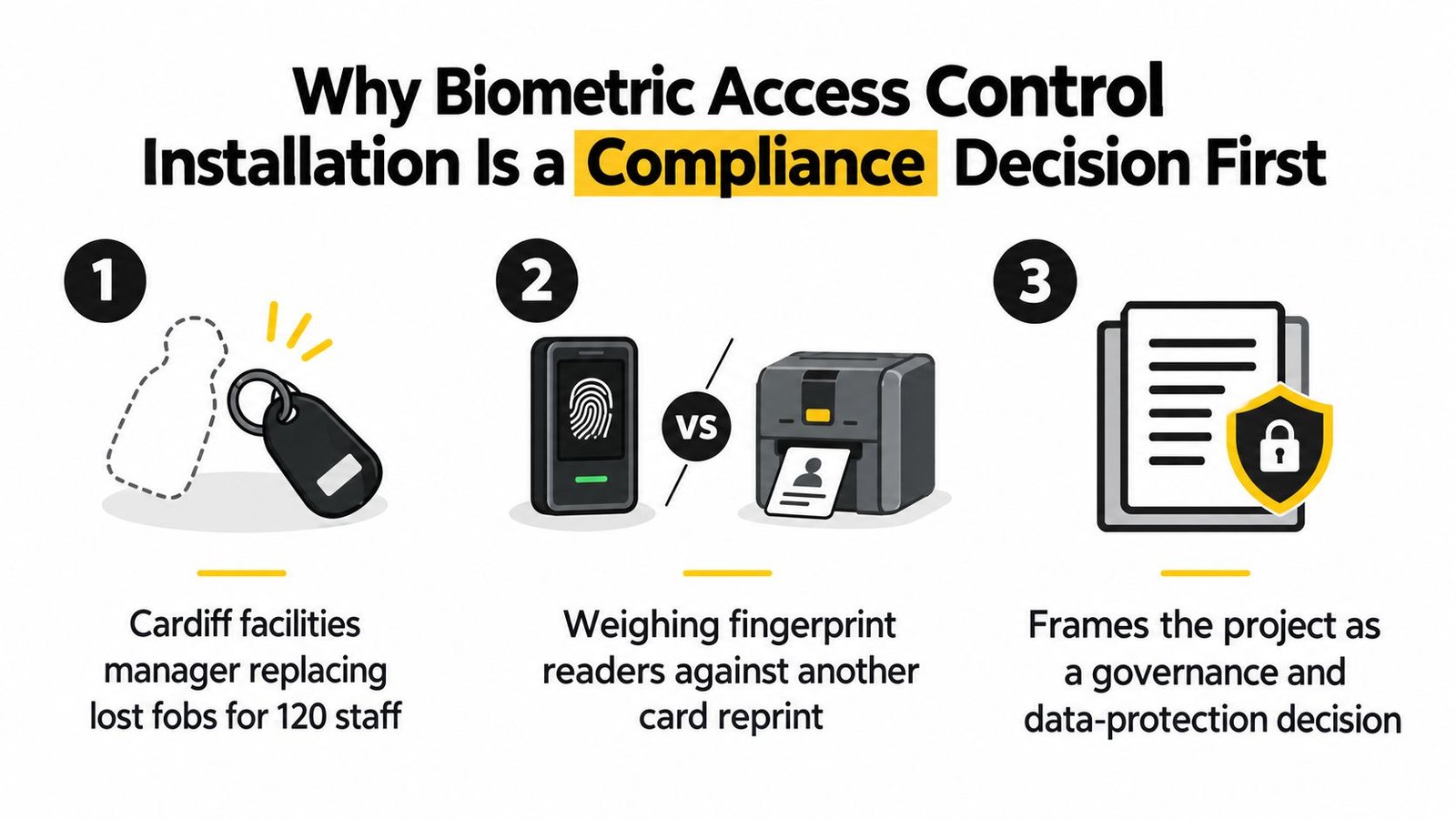 An infographic titled why biometric access control installation is a compliance decision first with three steps.
